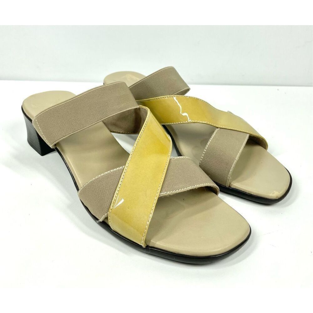 Munro Gold Beige Patent Criss Cross Slip On Stretch Sandals Block Women 8.5